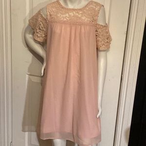 soft pink dress with lace detail and chiffon overlay